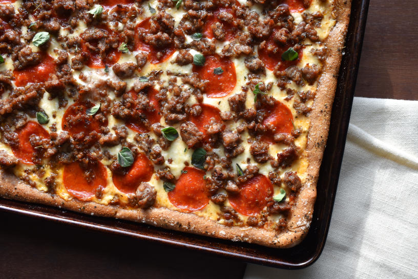Easy Sourdough Sheet Pan Pizza (Optional Fresh Milled Flour)