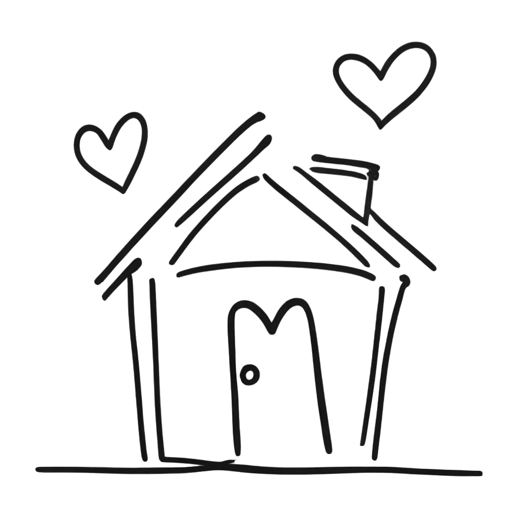 A line drawing of a house with hearts
