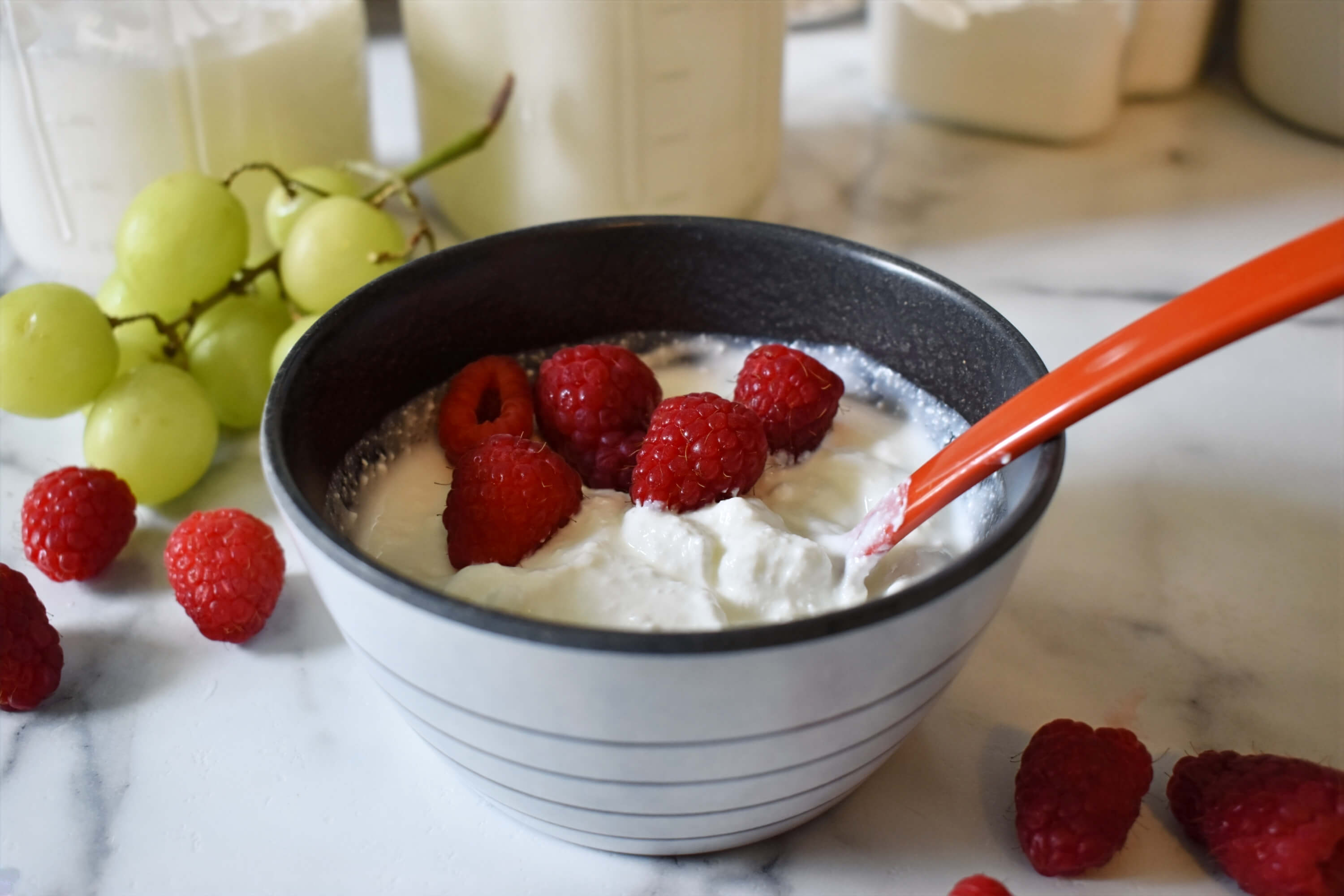 A bowl of yogurt topped with raspberries, with some grapes and mason jars of yogurt in the background